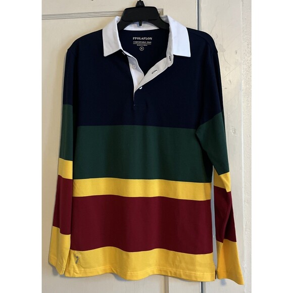 Ppolaflon Comfortable Polo Men’s S Multicolor Long Sleeve Striped Rugby Shirt - Picture 1 of 8